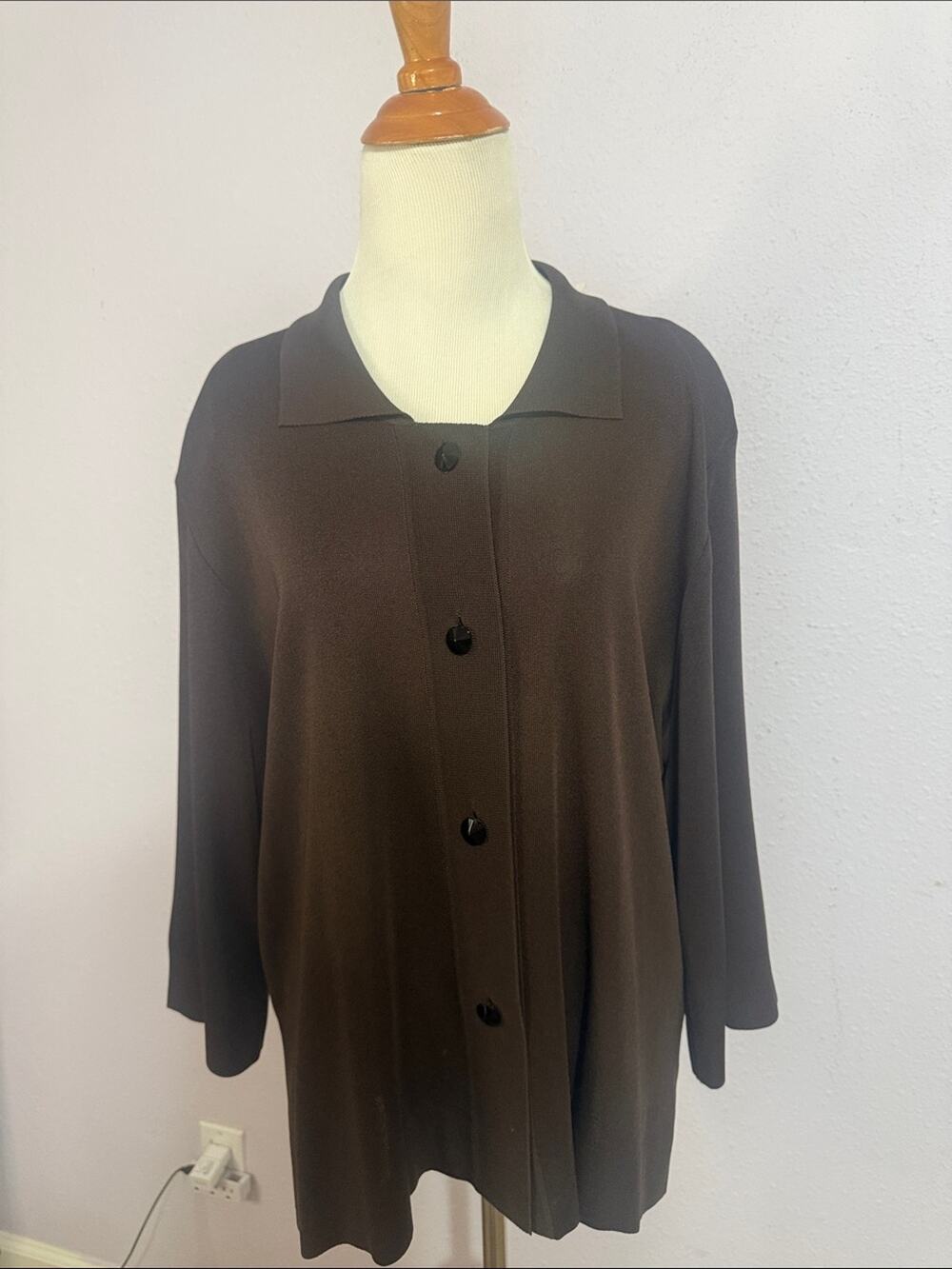 Vintage Misook Women Brown Jersey Cardigan Style Blouse Size L